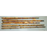 Two whole and split-cane 11ft 3-piece coarse rods and three others, (5).