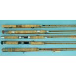 Two Allcocks 2-piece split-cane spinning rods, a PAC Ltd 2-piece SC spinning rod and two others, (