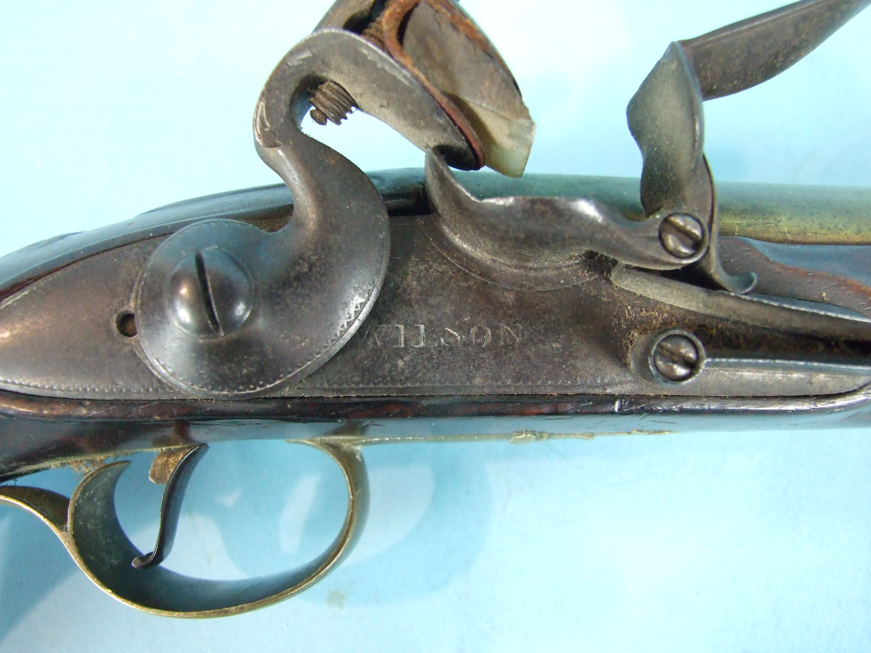 An 18th century flintlock holster pistol by Richard Wilson, London, the 20.5cm brass barrel struck - Image 3 of 8