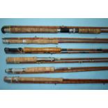 Six mid-20th century split-cane trout rods, unnamed, (6).