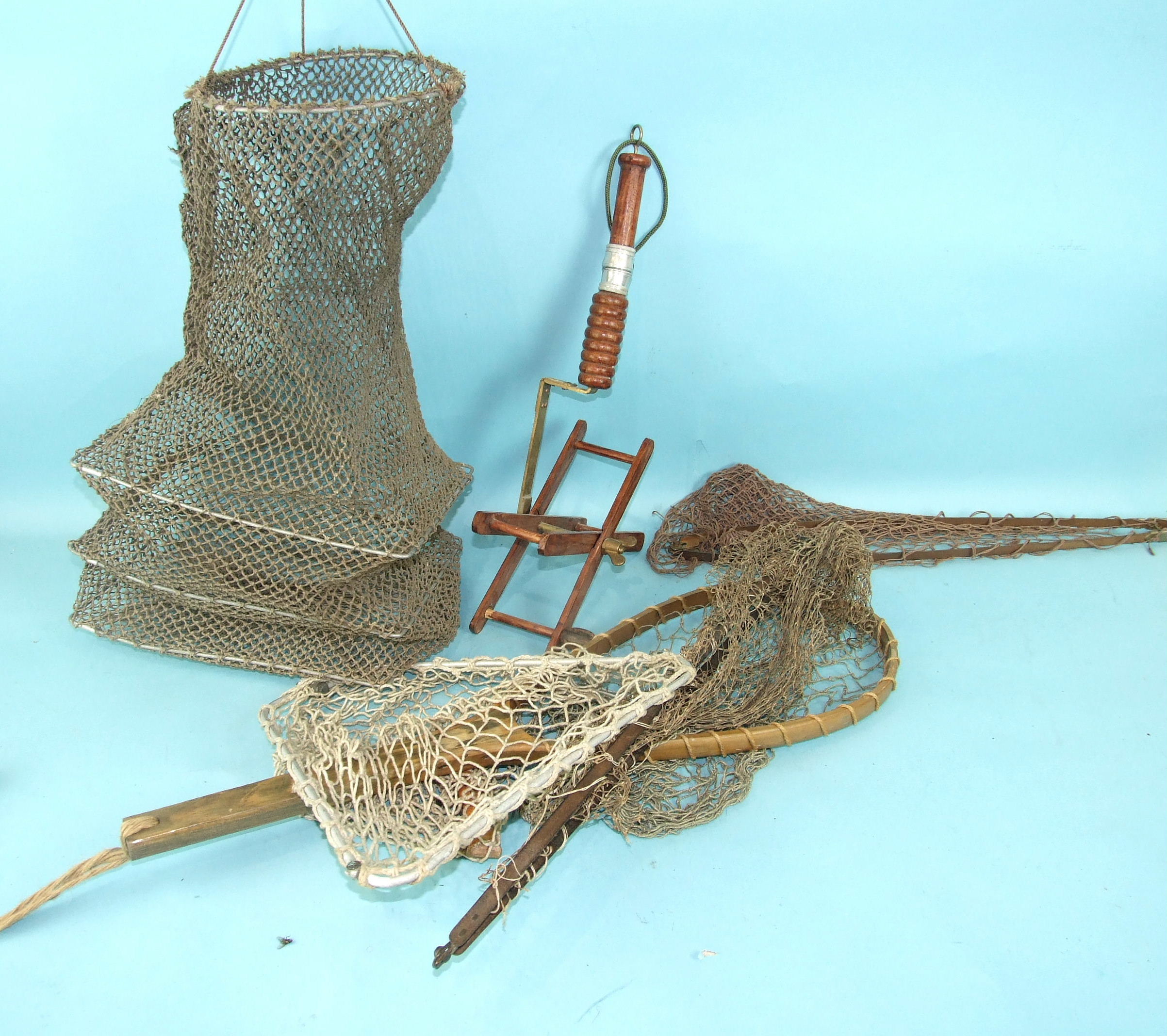 A coarse fish keep net, various landing net tops and miscellaneous items.