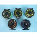 Three Abu-Diplomat 278 3?-inch fly reels and two Korean 3-inch fly reels, all with lines, (5).