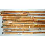 Two split-cane trotting rods with wooden grips, three 12ft 3-piece split-cane coarse rods and four