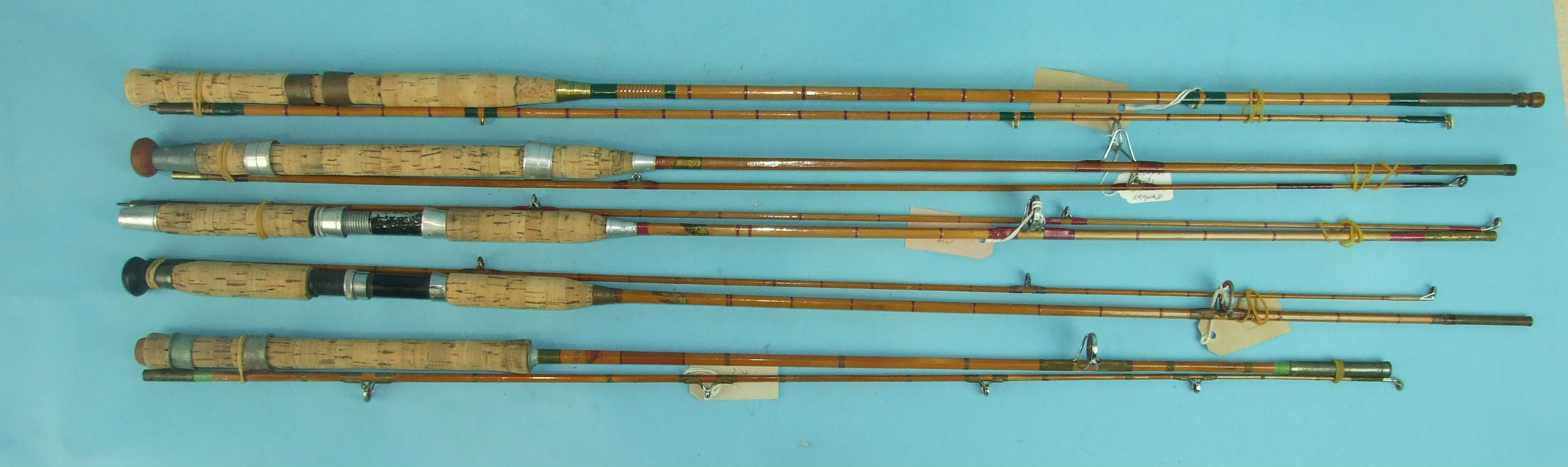 Two Allcocks 2-piece split-cane spinning rods, a PAC Ltd 2-piece SC spinning rod and two others, ( - Image 2 of 2