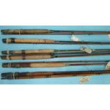 Six greenheart trout fly rods, including a 9ft Playfair, 9ft 6-inch Martin James and 8ft 3-piece