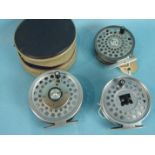 A Hardy Bros Marquis 8/9 9.5cm fly reel, some corrosion, in case, a Hardy Bros LRH lightweight 3-