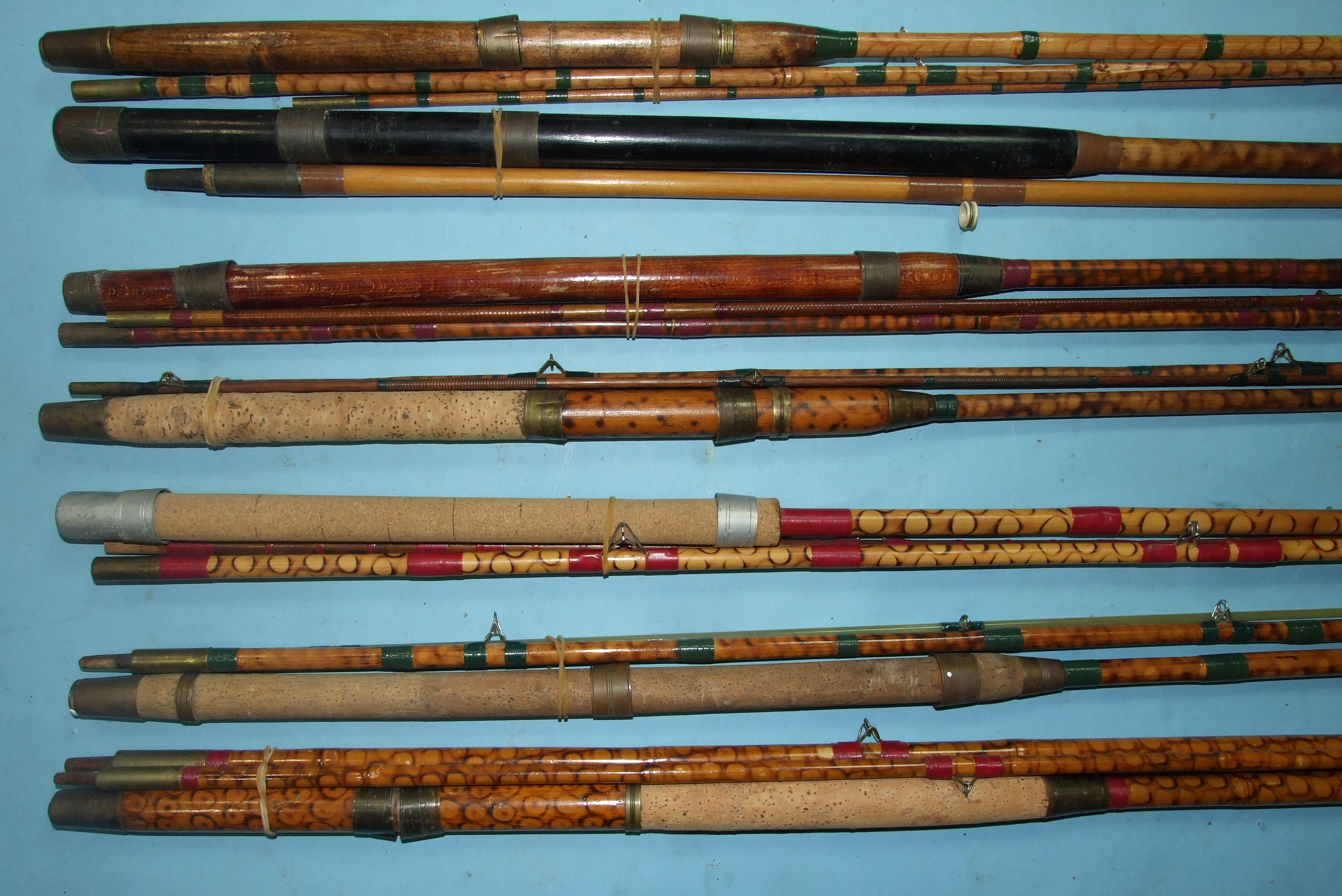A T H Sowerbutts of London burnt-cane 12ft dapping rod, with bronzed brass fittings and six