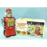 A Yonezawa (Japan) battery-operated Talking Robot with red tinplate body, silver head and arms,