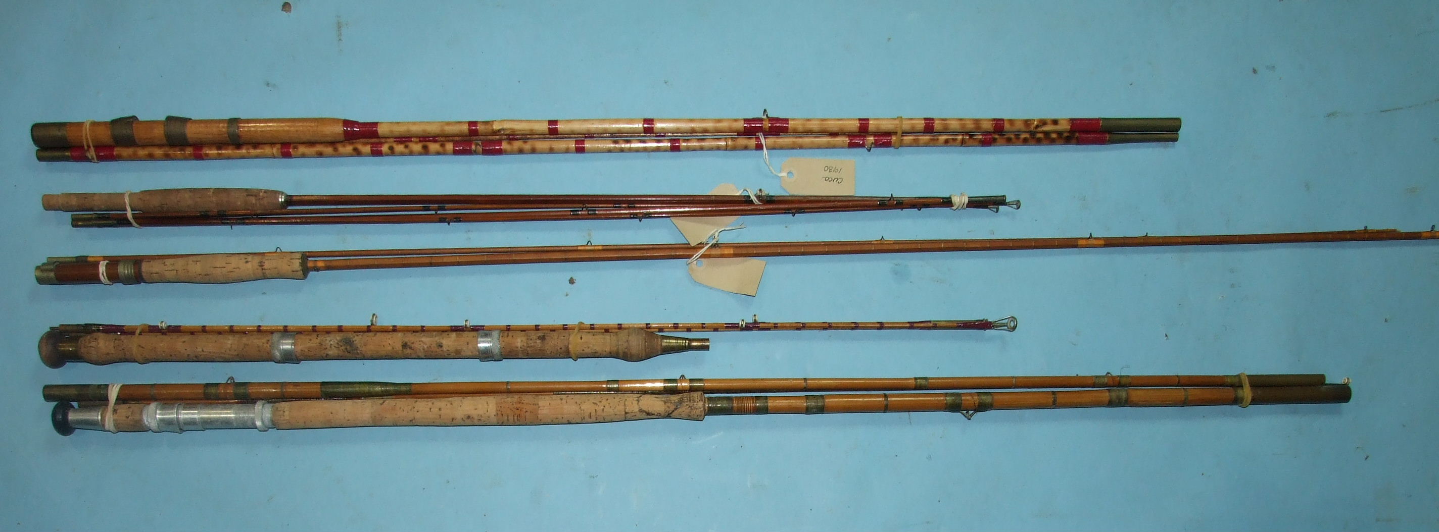A burnt bamboo 10ft 6-inch 3-piece fly rod with greenheart tip, a 3-piece split-cane rod with - Image 2 of 2
