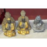 Two reconstituted stone Buddha figures, 37cm and 42cm high and three other Buddhas, (5).