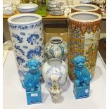 A collection of modern Oriental ceramics, including a pair of cylindrical vases, 46cm high, a pair
