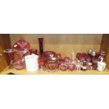 A collection of cranberry glassware, including vases, wine glasses, etc, (some damages).