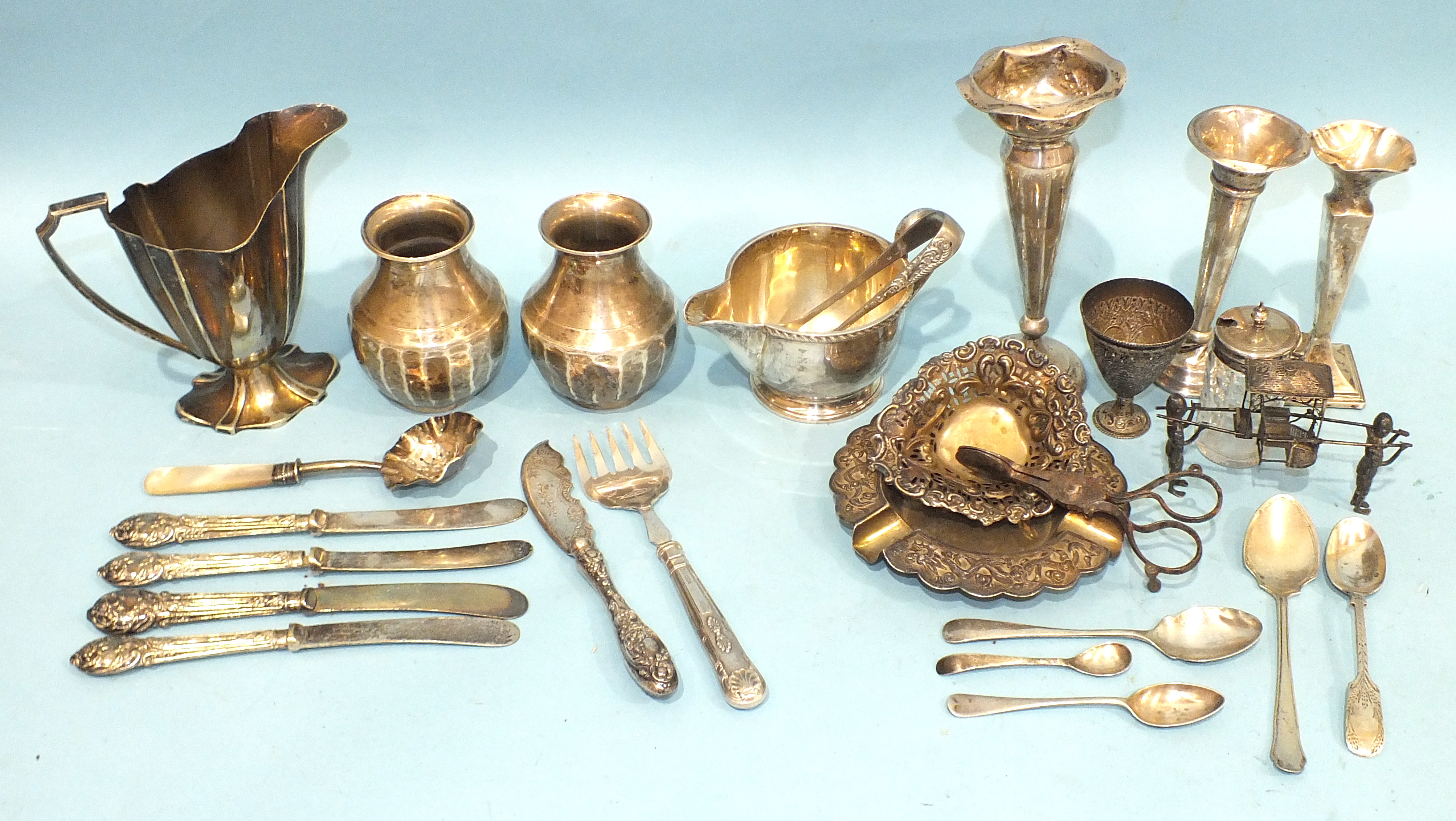A Chinese silver ashtray, (damaged), various small silver items, metalware and a miscellany.