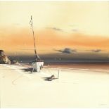 John Horsewell, 'Moored sailing vessel at low tide', signed acrylic on canvas, 79.5 x 80cm,