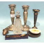A pair of loaded silver short candlesticks, Birmingham 1926, 28cm high, (in need of attention) and
