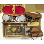 A Braun 'Gloria' camera, a set of scales and brass weights in mahogany box, a pair of Lumiere, Paris