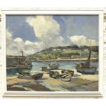 F Hamilton, 'St Ives Harbour with men attending to boats', signed oil on board, 50 x 60cm and two