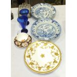 Three blue and white Davenport 'Bamboo and Peony' stone china plates, 24cm diameter, another bowl,