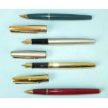 A Parker rolled-gold 'Sonnet' fountain pen, the nib stamped Parker 18k 750, 13.5cm, a similar