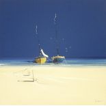 John Horsewell, 'Two moored sailing vessels at low tide', signed acrylic on canvas, 79.5 x 80cm,
