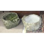 A pair of 'Cotstone' tree trunk-design garden planters, 23cm high, 37cm diameter and a small