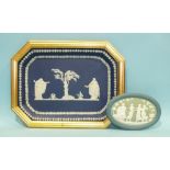 An Adams jasperware octagonal plate in wooden frame and a small green oval jasperware plaque, (