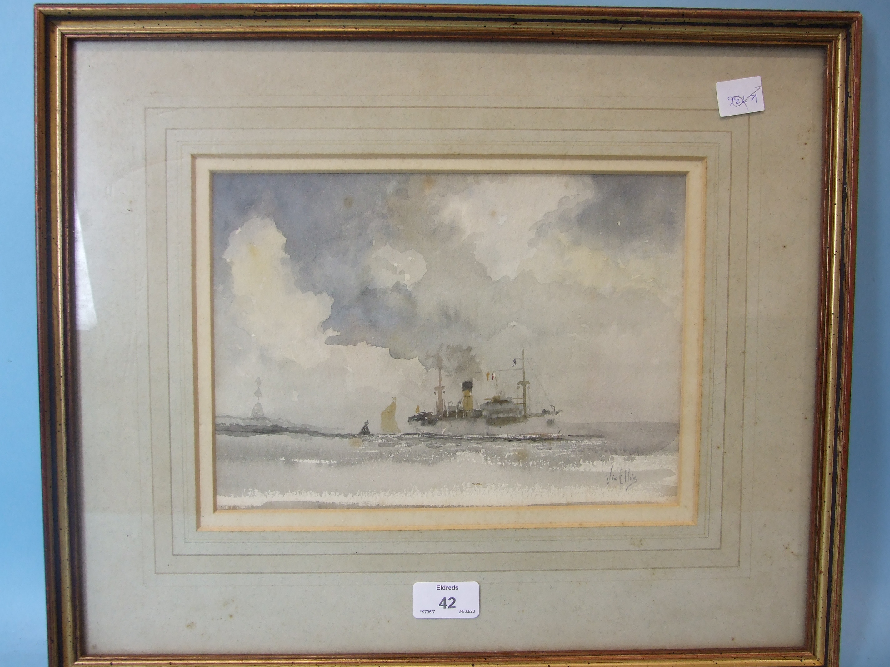 Vic Ellis (1921-1984) STEAMSHIP OFF THE COAST Signed watercolour, 19 x 27cm.