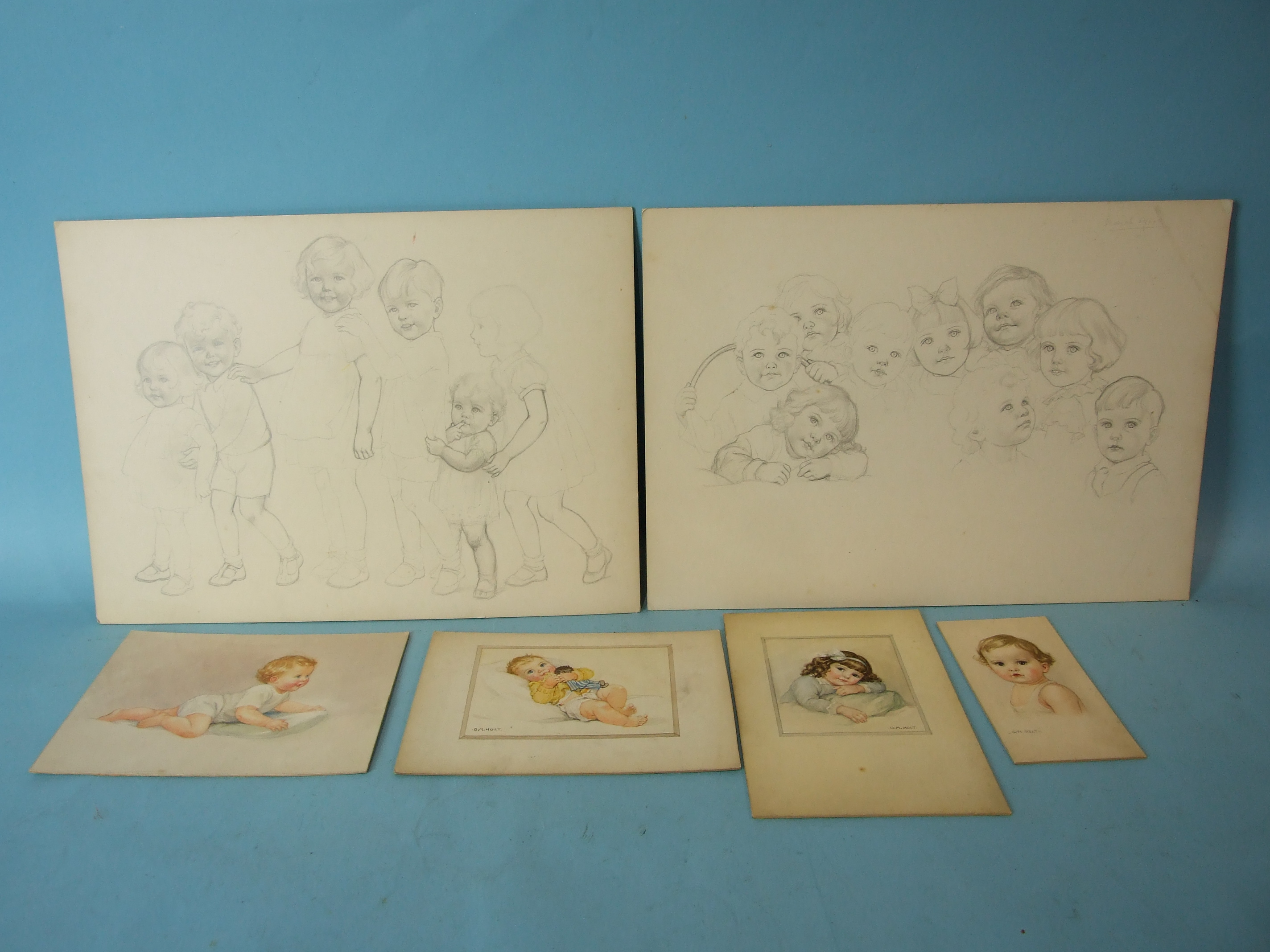Four original unframed watercolour illustrations of young children, three signed G M Holt, on - Image 2 of 2