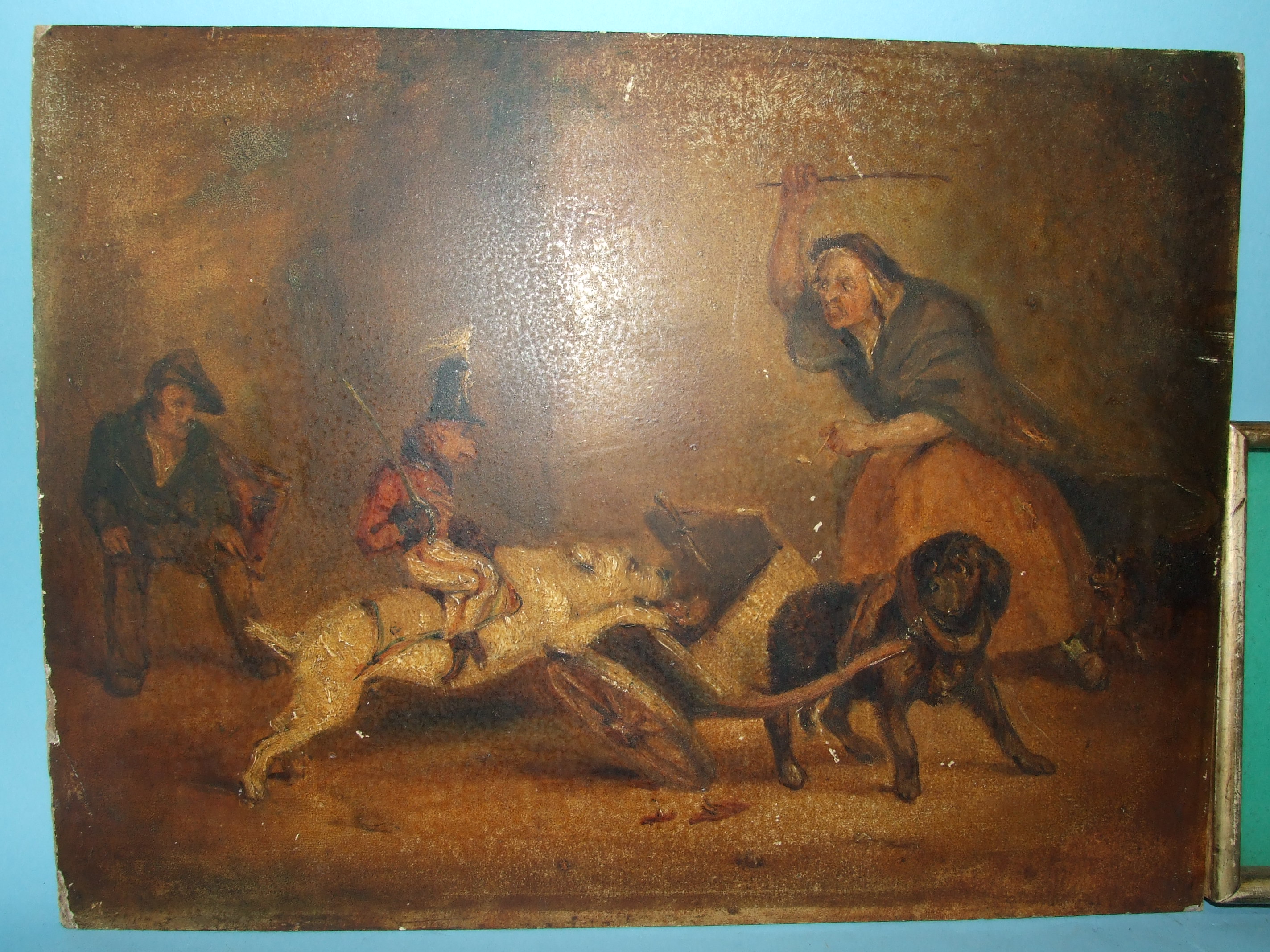 19th Century UPSETTING THE CART, A MONKEY DRESSED IN MILITARY UNIFORM RIDING ON A DOG Unsigned oil