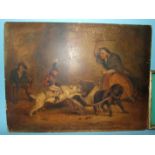 19th Century UPSETTING THE CART, A MONKEY DRESSED IN MILITARY UNIFORM RIDING ON A DOG Unsigned oil