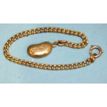 A 9ct gold short curb-link bracelet with coffee bean charm, 15.5cm long, 4.4g.