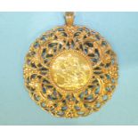 A 1913 sovereign in ornate scrolling pendant mount, 5cm diameter, 19.8g.