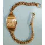 A ladies 9ct-gold-cased square-faced wrist watch by Ancre, on 9ct gold chain bracelet, 18.9g