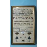 A small needlework sampler signed E Herring 1798, with alphabet, memorial poem, trees and a cat,