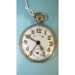 An early-20th century white-metal-cased alarm pocket watch by Thiel, Germany, the white enamel