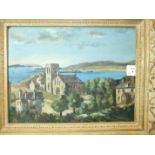 H Siviter ST MARYS CHURCH, HUGH TOWN, SCILLY, LOOKING ACROSS THE BAY Signed and dated '54, oil on
