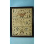 A late-18th century needlework sampler by Sarah Fuller, well-worked with a large chequered basket,