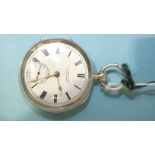 A silver-cased open-face key-wind pocket watch, the white enamel dial with Roman numerals and