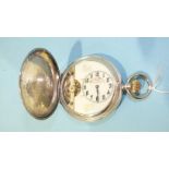 A silver hunter-cased Hebdomas Patent 8-days keyless pocket watch, the cream enamel dial with Arabic