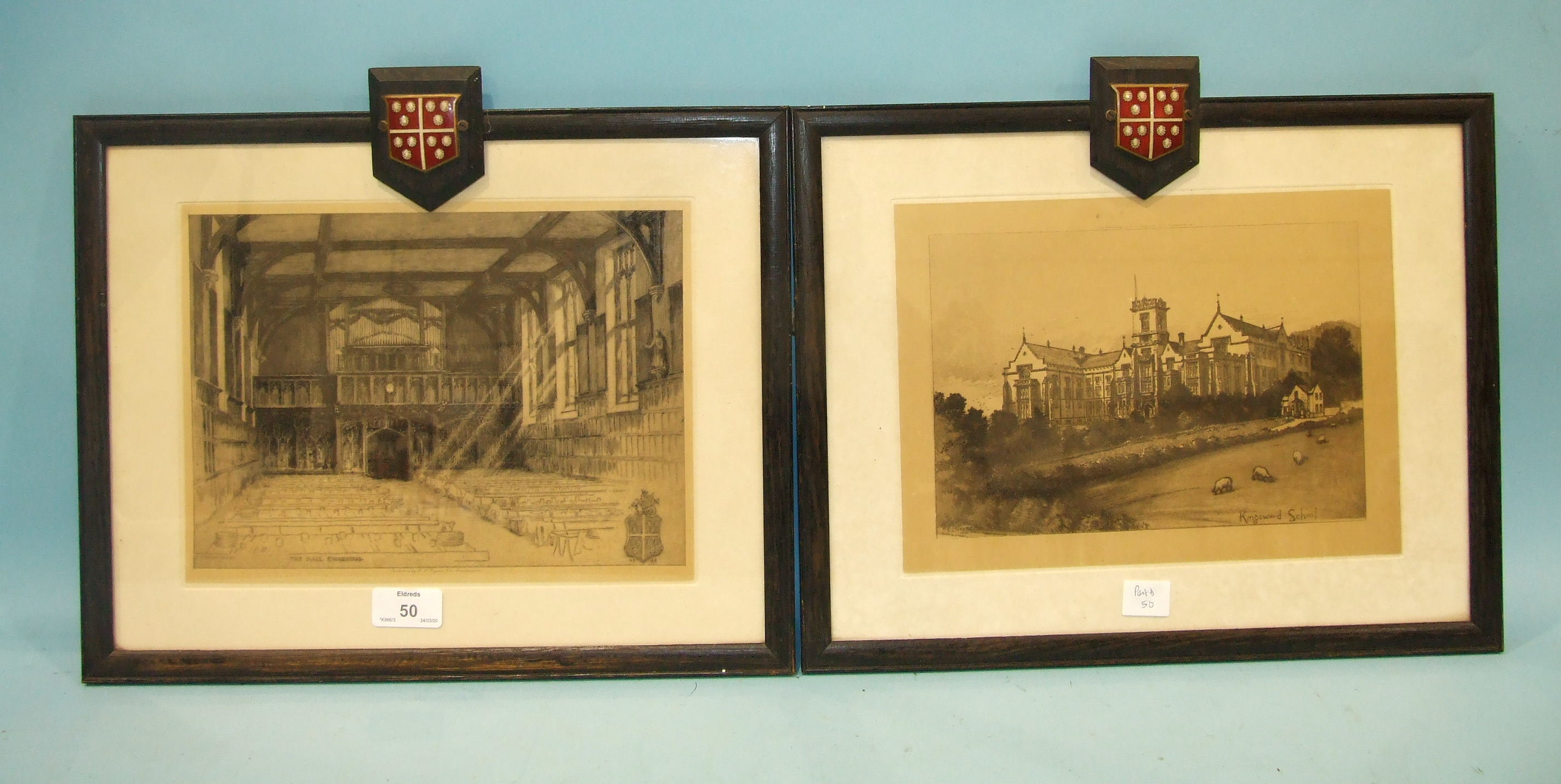 Two engravings, 'Interior and exterior of Kingswood School, Bath', each frame applied with an enamel