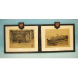 Two engravings, 'Interior and exterior of Kingswood School, Bath', each frame applied with an enamel
