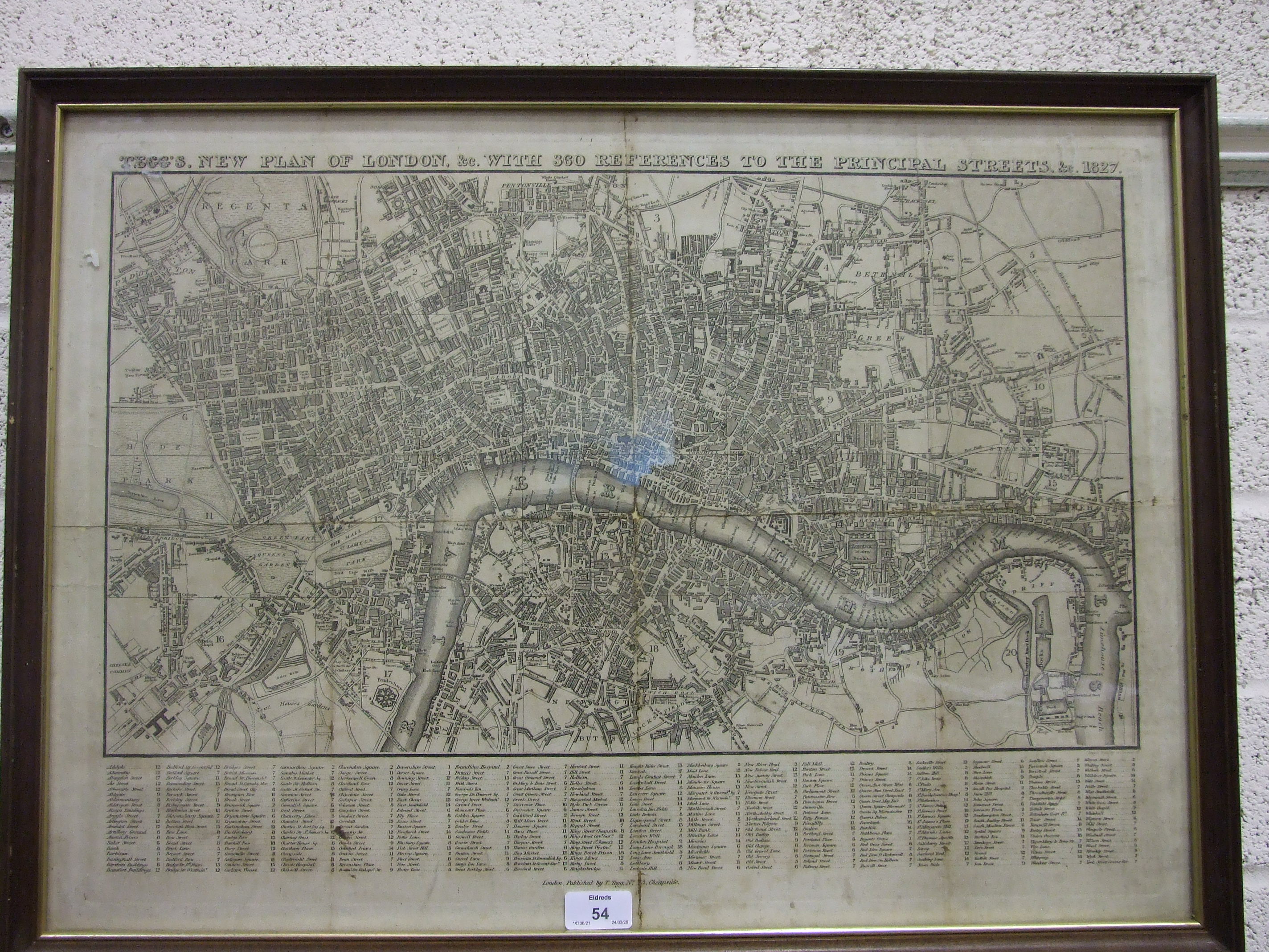 A Davis, engraved map of London 1843, 40 x 66cm and another, 'Teggs New Plan of London 1827', 66 x