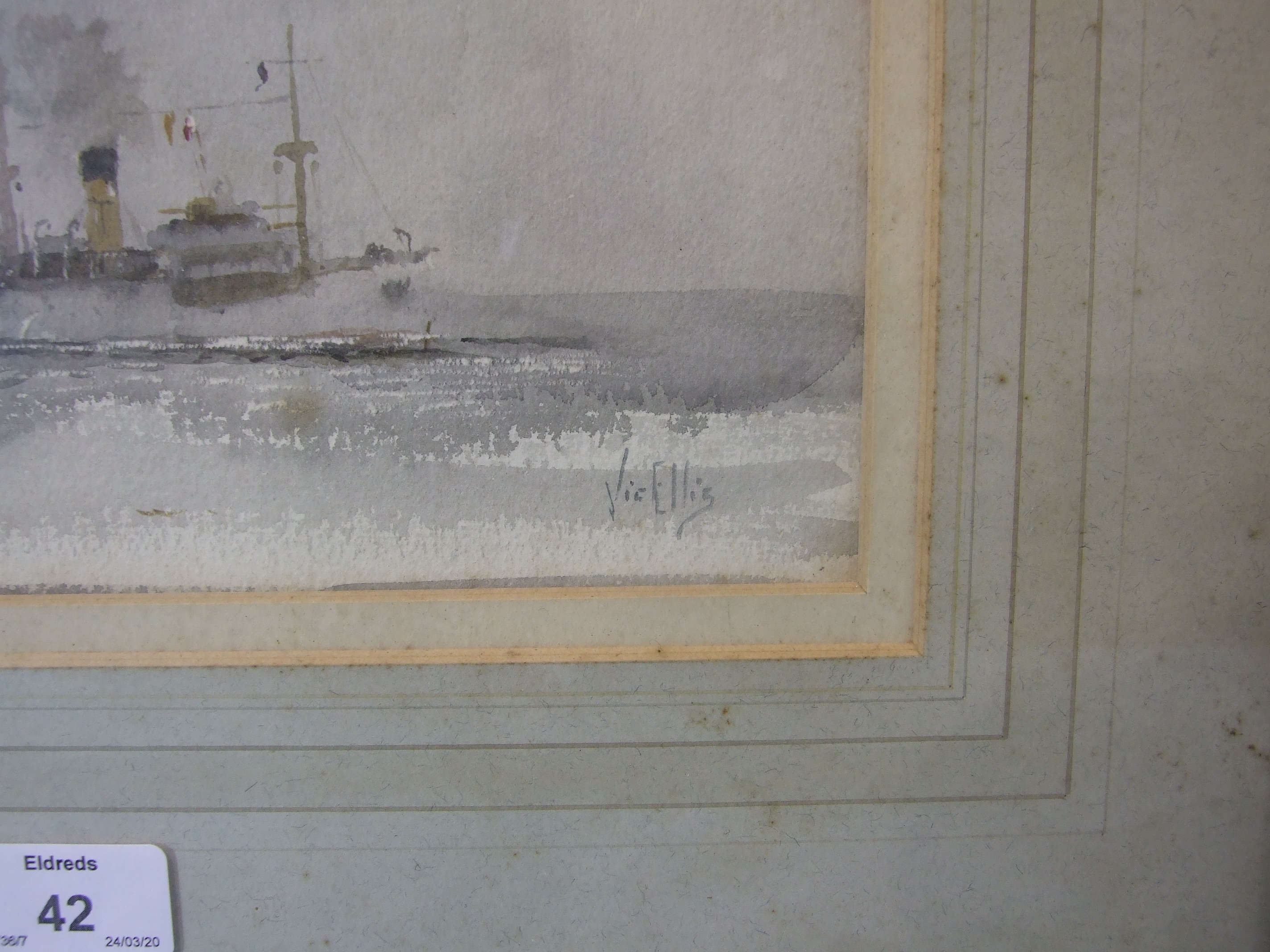 Vic Ellis (1921-1984) STEAMSHIP OFF THE COAST Signed watercolour, 19 x 27cm. - Image 2 of 2