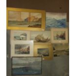 A collection of mainly early-20th century watercolours of marine subjects, (8) and two oil