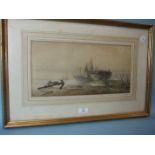 B Moore? BEACHED HULK, OTHER MOORED SAILING SHIPS, WITH ANCHOR IN FOREGROUND Signed watercolour,