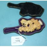 A meerschaum pipe carved with a horse and carriage dog, stem lacking, 9cm long.