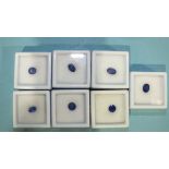 Seven loose blue sapphires: round-cut 0.66cts, 0.76cts, 0.78cts, oval-cut: 0.67cts, 0.75cts, 0.8cts,