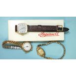 Two ladies 9ct-gold-cased wrist watches on plated bracelets and a plated Ingersoll wrist watch,