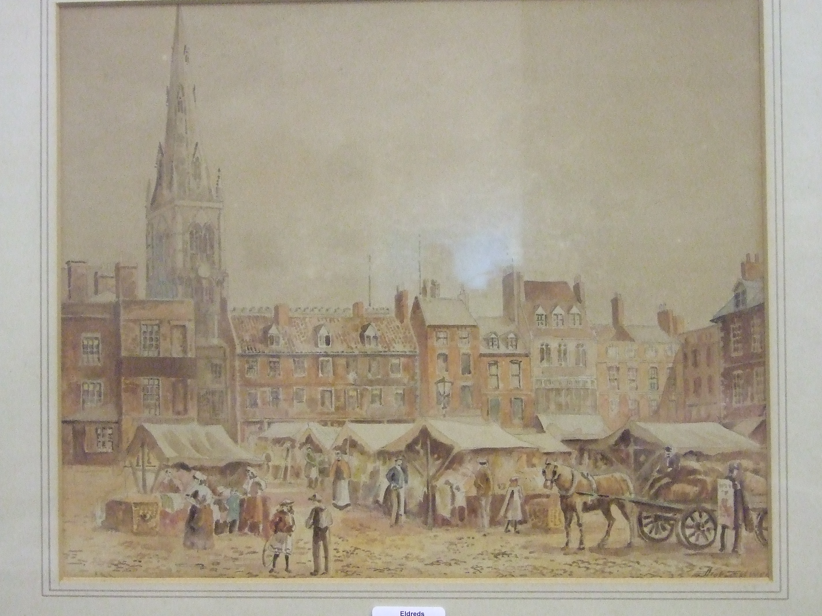 Elliot Ellwell FIGURES IN A MARKET PLACE SURROUNDED BY BUILDINGS AND STEEPLE Signed watercolour,