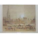 Elliot Ellwell FIGURES IN A MARKET PLACE SURROUNDED BY BUILDINGS AND STEEPLE Signed watercolour,